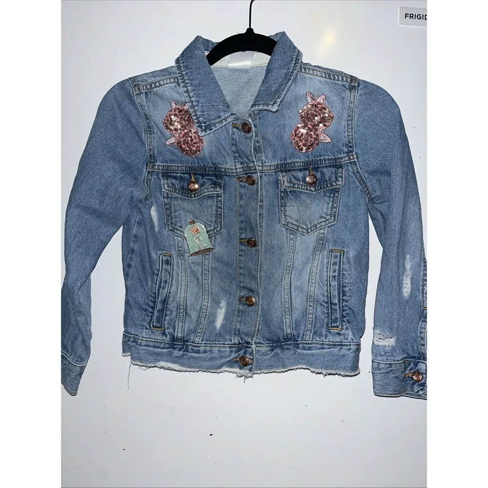 Disney Beauty & the Beast Denim Sequin Jacket Belle Sz US 7/8 Girls Jean Blue - Picture 1 of 10